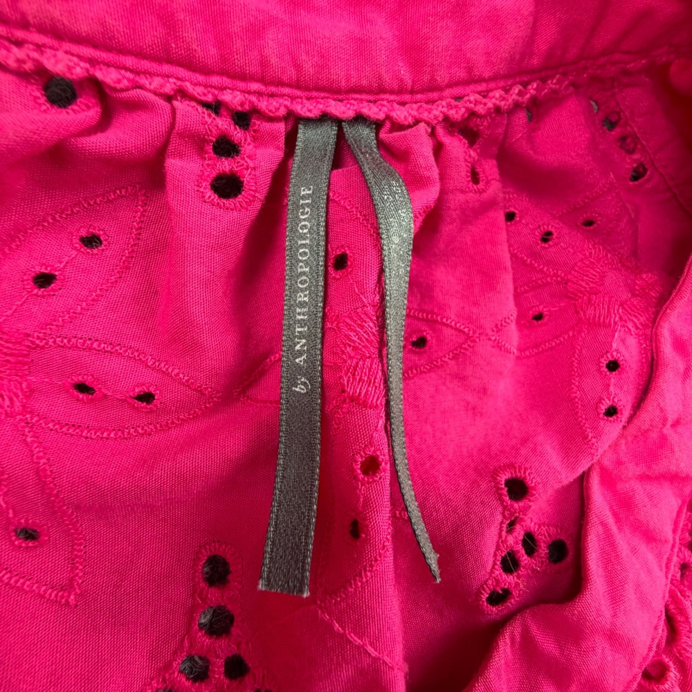 Anthropologie Hot Pink Eyelet Mini Dress Short Puff Sleeve Cotton Tiered Size L - Picture 6 of 13